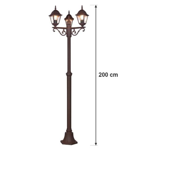Lampione da giardino 3 luci ip44 a lanterna quadrata ruggine con vetro trasparente