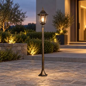 Lampione da giardino grande paletto ip44 a lanterna esagonale ruggine con vetro trasparente