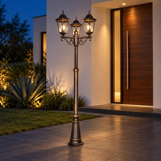 Lampione da giardino 3 luci grande ip44 a lanterna esagonale ruggine con vetro trasparente