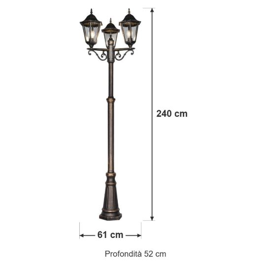 Lampione da giardino 3 luci grande ip44 a lanterna esagonale ruggine con vetro trasparente