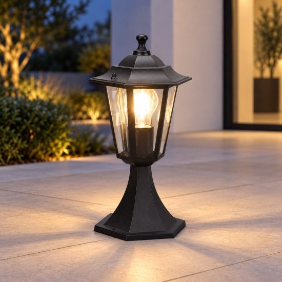 Lampioncino da giardino paletto ip44 a lanterna esagonale nero con vetro trasparente
