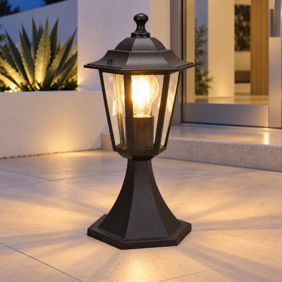 Lampioncino da giardino paletto ip44 a lanterna esagonale nero con vetro trasparente