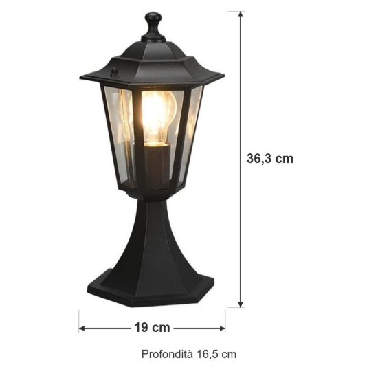 Lampioncino da giardino paletto ip44 a lanterna esagonale nero con vetro trasparente