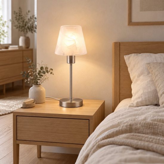 Abat-jour touch per comodino moderno nichel opaco con vetro alabastro