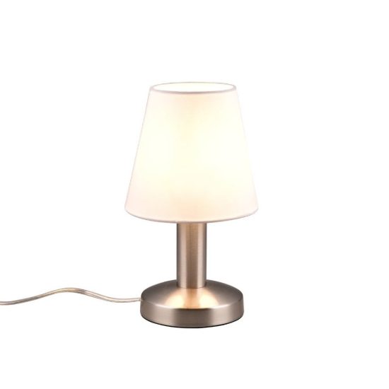 Abat-jour touch per comodino moderno nichel opaco con paralume in tessuto bianco