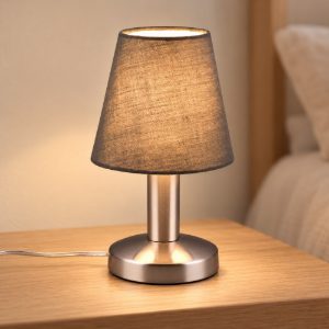 Abat-jour touch per comodino moderno nichel opaco con paralume in tessuto grigio