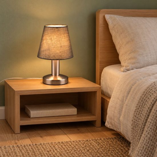 Abat-jour touch per comodino moderno nichel opaco con paralume in tessuto grigio