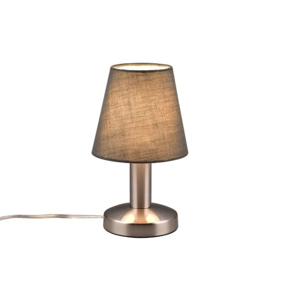 Abat-jour touch per comodino moderno nichel opaco con paralume in tessuto grigio