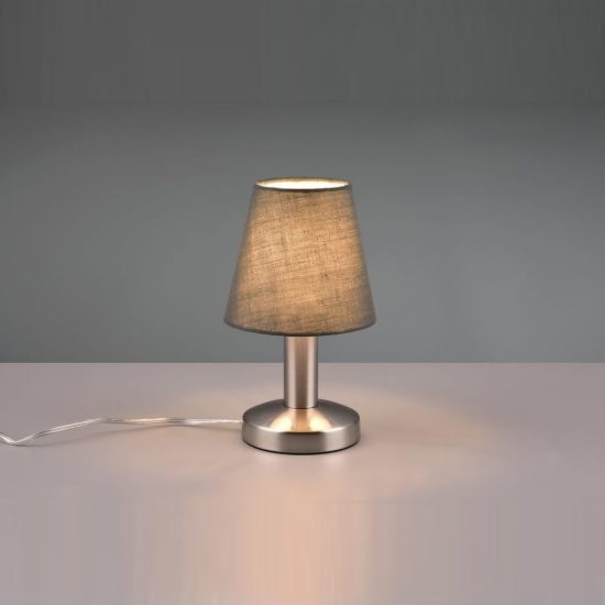 Abat-jour touch per comodino moderno nichel opaco con paralume in tessuto grigio