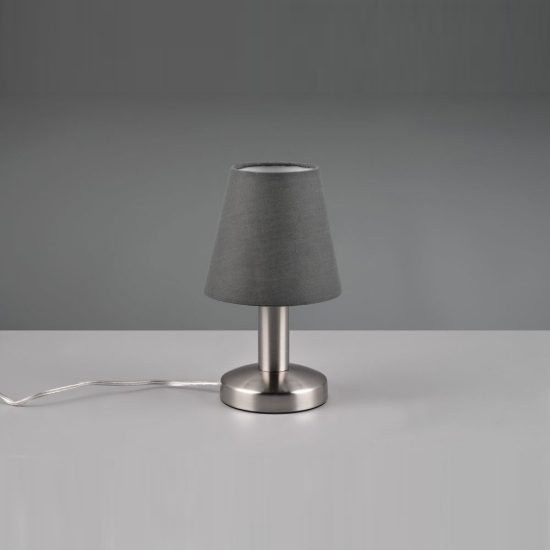 Abat-jour touch per comodino moderno nichel opaco con paralume in tessuto grigio