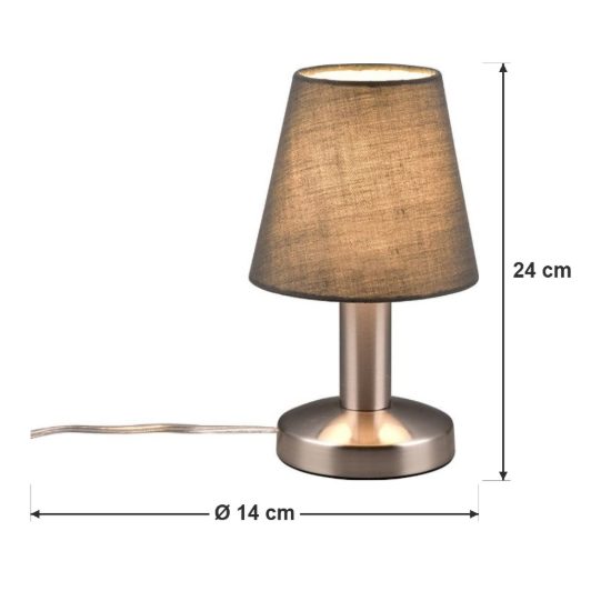 Abat-jour touch per comodino moderno nichel opaco con paralume in tessuto grigio