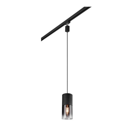 Lampada a sospensione per binario bifase e27 10cm regolabile in altezza nera con vetro fume