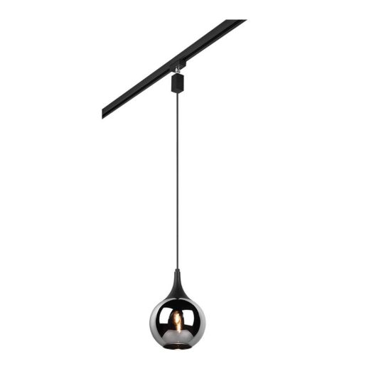 Lampada a sospensione per binario bifase e14 18cm regolabile in altezza nera con vetro fume