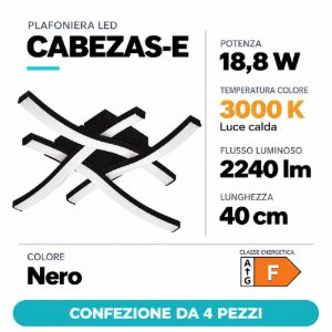 Eglo cabezas e plafoniera led 18,8w 3000k 40cm per soggiorno a croce nera confezione da 4 pezzi