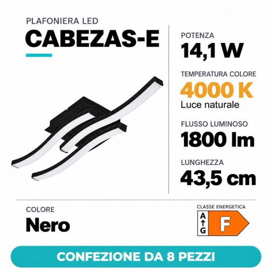 Eglo cabezas e plafoniera led 14,1w 4000k 43,5cm per ufficio nera confezione da 8 pezzi