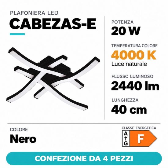 Eglo cabezas e plafoniera led 20w 4000k 40cm per sala da pranzo a croce nera confezione da 4 pezzi