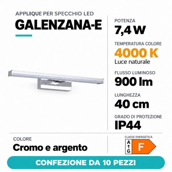 Eglo galenzana e applique per specchio bagno 7,4w 4000k 40cm cromo e argento confezione da 10 pezzi