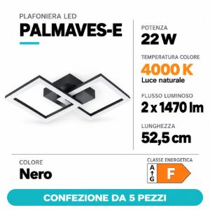Eglo palmaves e plafoniera led 22w 4000k 52,5cm per soggiorno moderna nera confezione da 5 pezzi