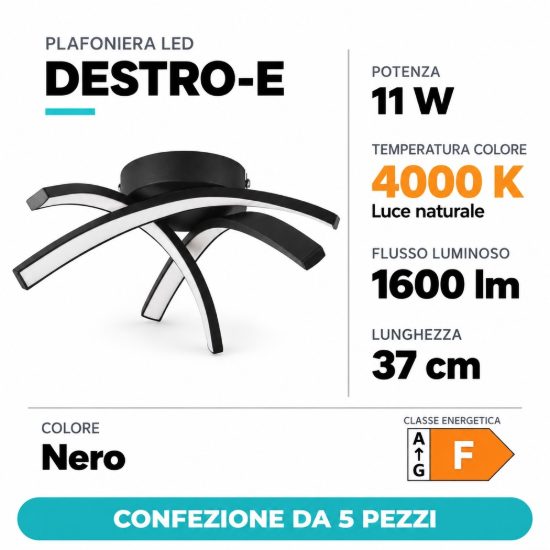 Eglo destro e plafoniera led 11w 4000k 37cm per camera da letto moderna nera confezione da 5 pezzi