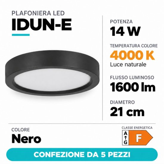 Eglo idun e plafoniera led 14w 4000k 21cm moderna rotonda nera confezione da 5 pezzi