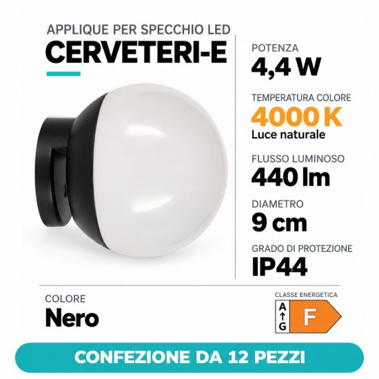 Eglo cerveteri e applique per specchio bagno led 4,4w 4000k 9cm ip44 nera confezione da 12 pezzi