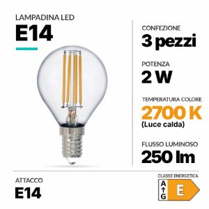 Lampadina e14 led goccia 2w 2700k confezione 3 pezzi