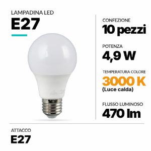 Confezione 10 lampadine led e27 4,9w 3000k
