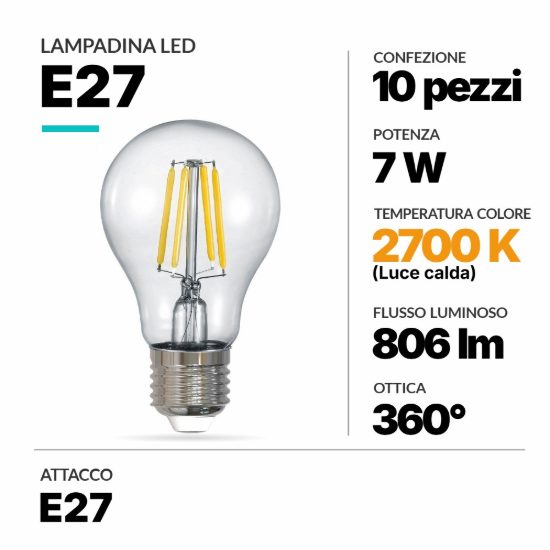 Lampadina e27 led 7w 2700k dimmerabile confezione 10 pezzi