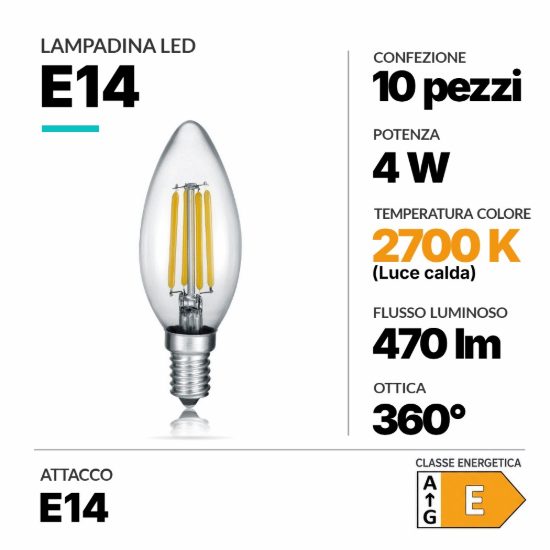 Lampadina oliva e14 led 4w 2700k dimmerabile confezione 10 pezzi