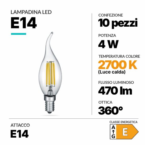 Lampadina colpo di vento e14 led 4w 2700k dimmerabile confezione 10 pezzi