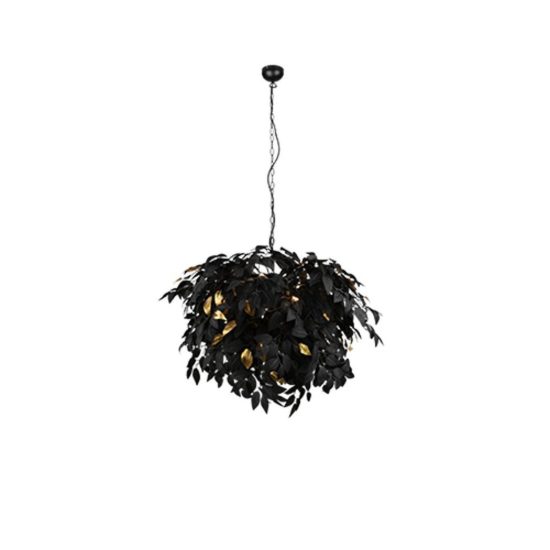 Lampadario a sospensione 4 luci per soggiorno moderno nero con foglie lavabili nere oro