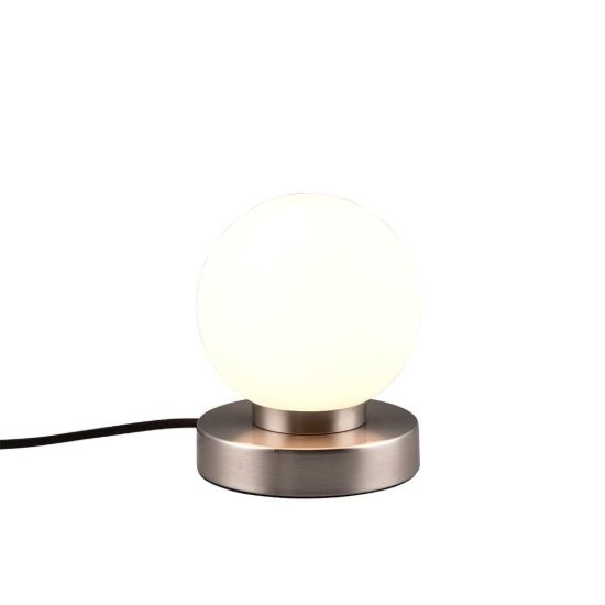 Abat-jour touch per comodino moderno nichel opaco con sfera in vetro bianco