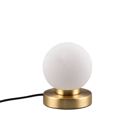 Abat-jour touch per comodino moderno ottone satinato con sfera in vetro bianco