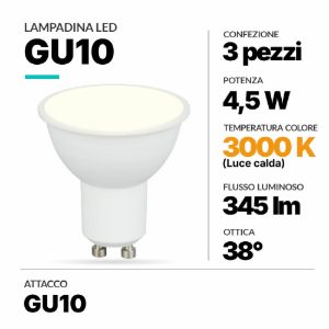 Lampadina gu10 led 4,5w 3000k ottica 38 confezione 3 pezzi
