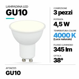 Lampadina gu10 led 4,5w 4000k ottica 38 confezione 3 pezzi