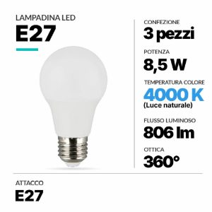 Confezione 3 lampadine e27 led 8,5w 4000k
