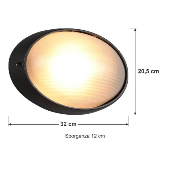 Applique grande da esterno ip44 moderna ovale nera con vetro satinato