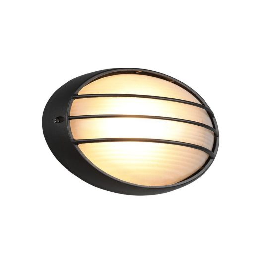 Applique grande da esterno ip44 moderna ovale nera con griglia e vetro satinato