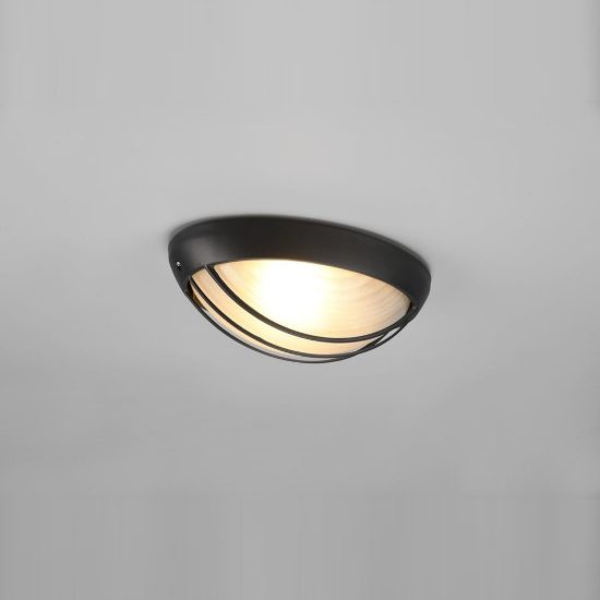 Applique grande da esterno ip44 moderna ovale nera con griglia e vetro satinato