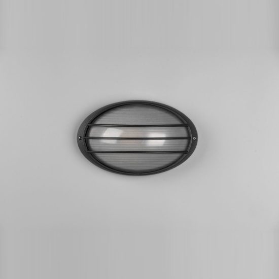 Applique grande da esterno ip44 moderna ovale nera con griglia e vetro satinato