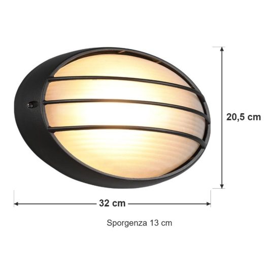 Applique grande da esterno ip44 moderna ovale nera con griglia e vetro satinato