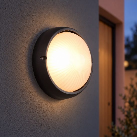 Applique piccola da esterno ip44 moderna rotonda nera con vetro satinato