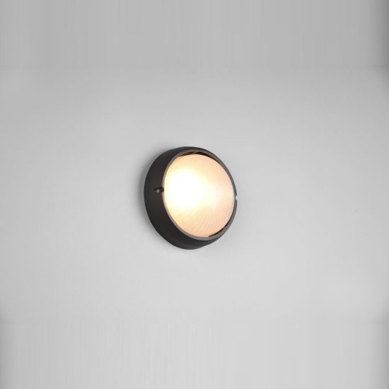 Applique piccola da esterno ip44 moderna rotonda nera con vetro satinato