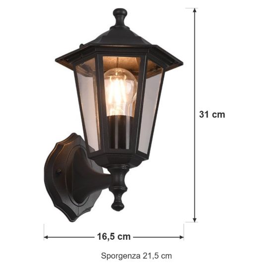 Applique da esterno ip44 a lanterna esagonale su braccio nera con vetro trasparente