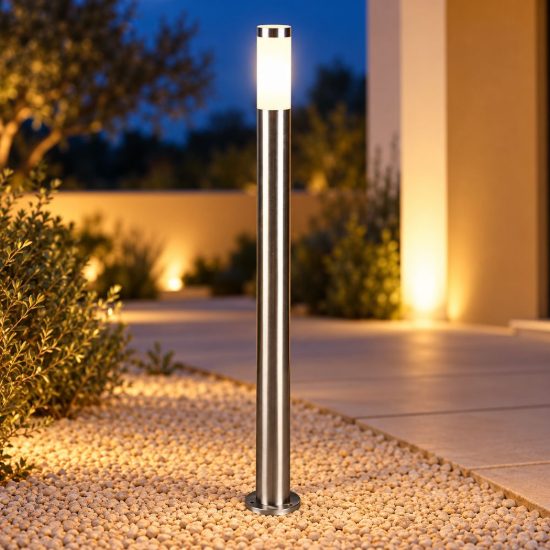 Lampione da giardino paletto ip44 moderno cilindrico nichel opaco con diffusore opale