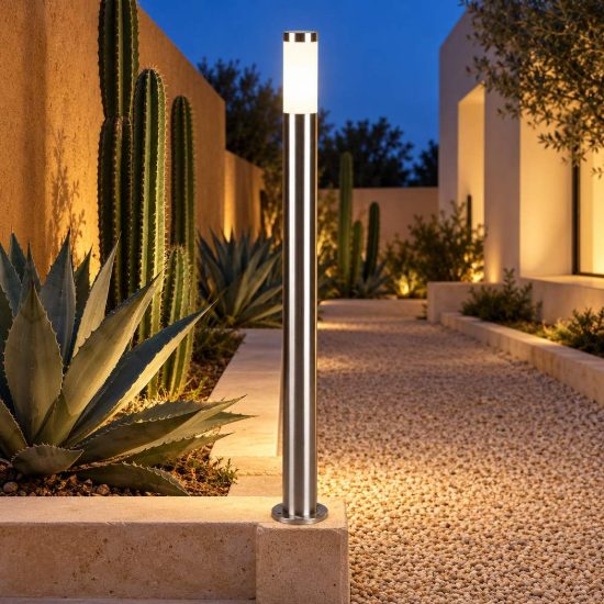 Lampione da giardino paletto ip44 moderno cilindrico nichel opaco con diffusore opale
