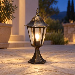 Lampioncino da giardino paletto ip44 a lanterna esagonale ruggine con vetro trasparente