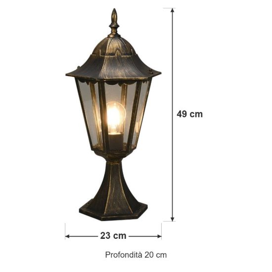 Lampioncino da giardino paletto ip44 a lanterna esagonale ruggine con vetro trasparente