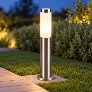 Lampioncino da giardino paletto ip44 moderno cilindrico nichel opaco con diffusore opale