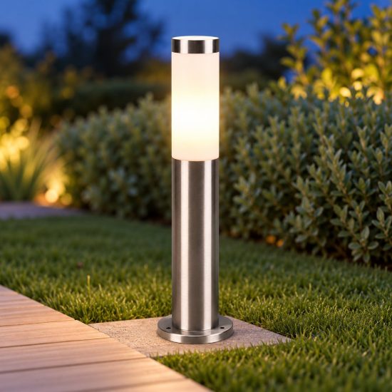 Lampioncino da giardino paletto ip44 moderno cilindrico nichel opaco con diffusore opale